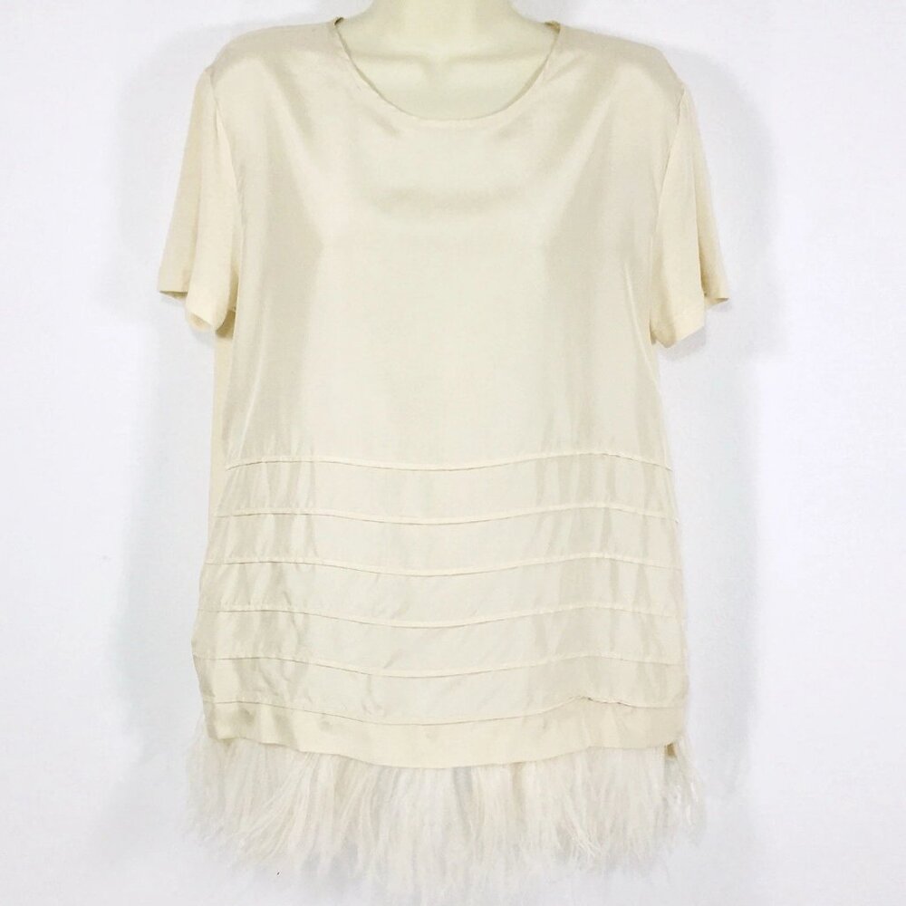 Max Mara Weekend Top Sz L Silk Front Ostrich Feathers Hem Stretch Back Whimsical